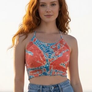 RAGA Coral and Blue Patterned Crop Top